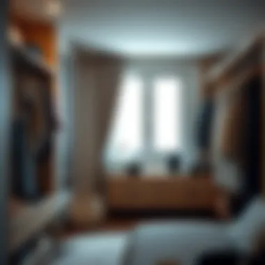 Stylish wardrobe interior with organized clothing and accessories.