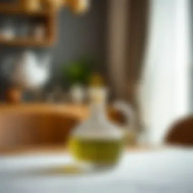 Artisanal glass oil cruet placed on a dining table.
