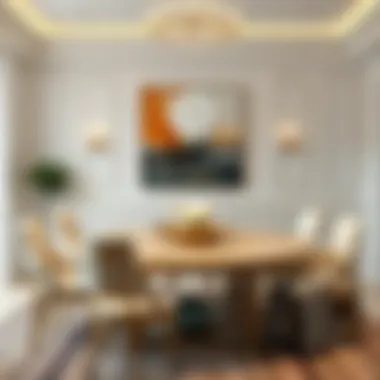 Artistic Centerpiece in Dining Room Sophisticated white dining room showcasing artful centerpiece