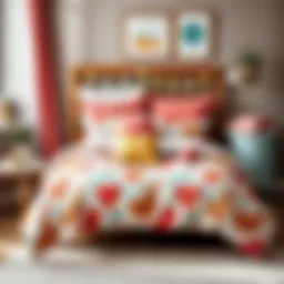 Colorful children's bedding set displayed on a cozy bed