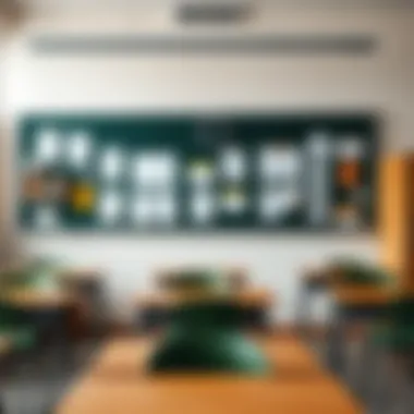 An organized classroom with magnetic boards displaying student projects and notes.