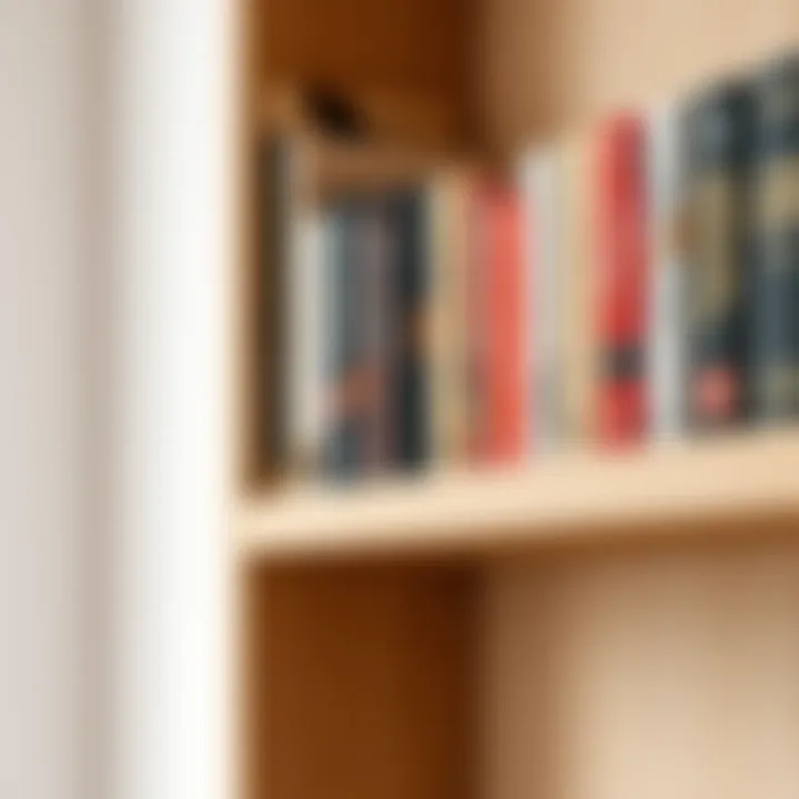 Detail of Wall-Mounted Wooden Bookshelf with Books Close-up of wooden bookshelf on the wall, displaying neatly arranged books.