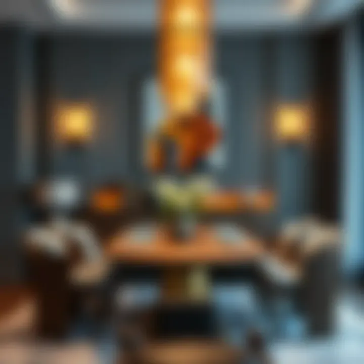 Contemporary Walnut Table Set with Elegant Lighting Contemporary walnut table set complemented by elegant lighting