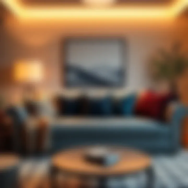 Warmth and Comfort in Design Cozy triple sofa with decorative pillows and warm lighting