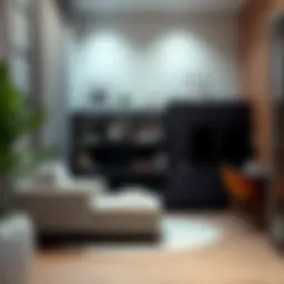 Elegant design for a narrow room with multifunctional furniture