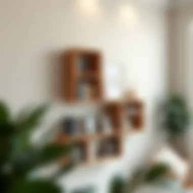 Sophisticated Wall-Mounted Wooden Bookshelf Elegant wooden bookshelf mounted on a wall, showcasing books and decor.