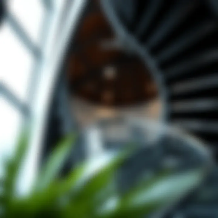 Stylish Spiral Staircase Spiral staircase with metal railings and glass accents