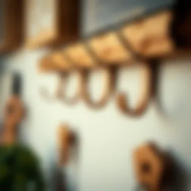 Close-up of finely crafted wooden hooks on a stylish wall rack