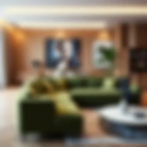 Stylish green corner sofa in a modern living room