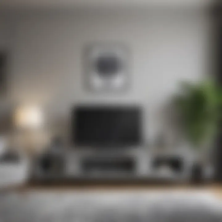 Elegant grey TV unit styled with decorative items and artwork