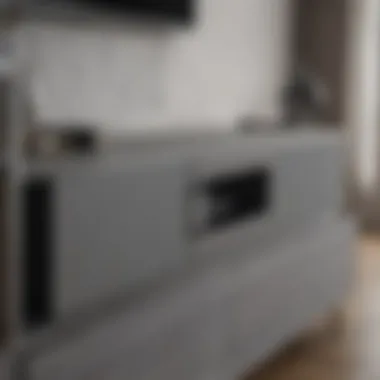Close-up of grey TV unit showcasing material texture and design details