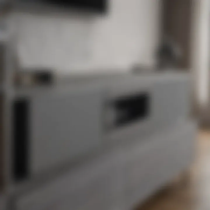 Close-up of grey TV unit showcasing material texture and design details