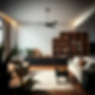 Elegant living room featuring a raw wood bookshelf