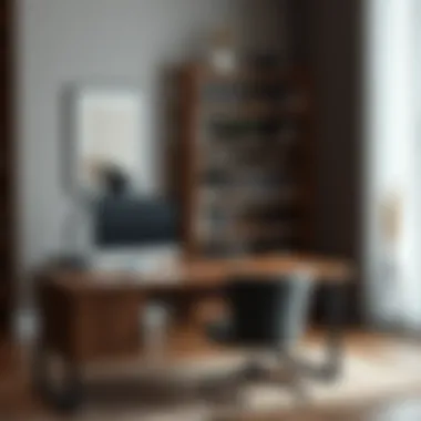 Stylish office setup with a handcrafted wooden bookshelf