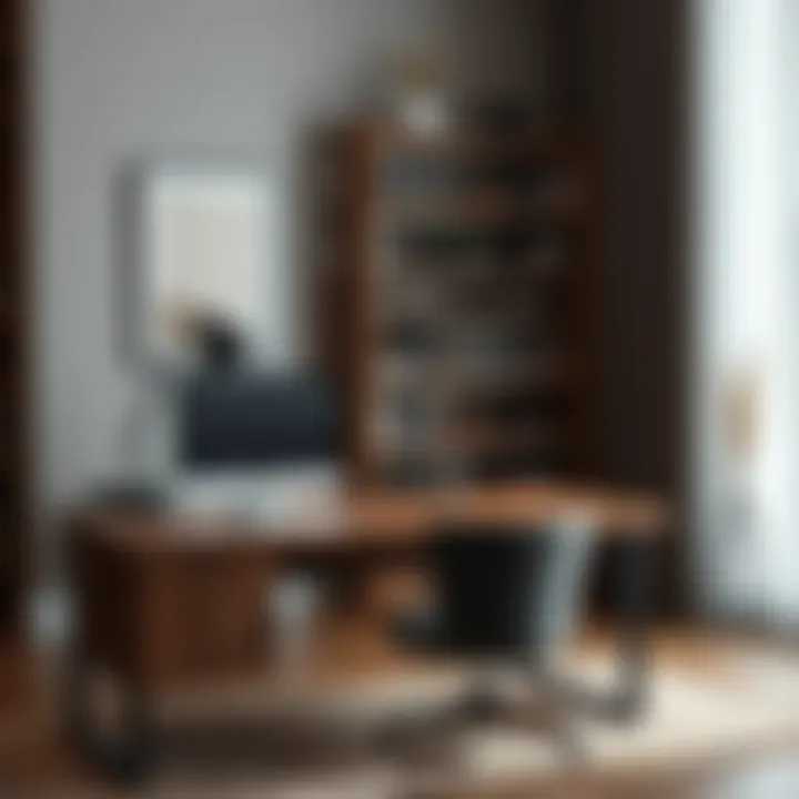 Stylish office setup with a handcrafted wooden bookshelf