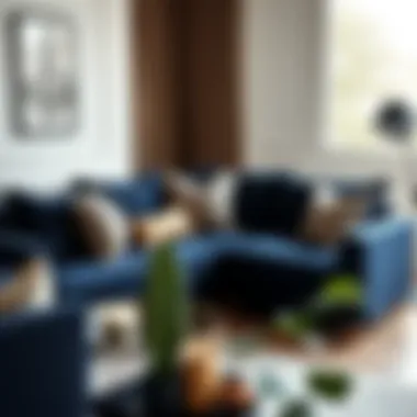 Navy Corner Sofa with Elegant Accessories Navy corner sofa with decorative cushions and accessories