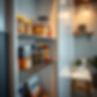 Metal Shelf Organization Close-up of a metal shelf in a modern cabinet showcasing organization and space efficiency