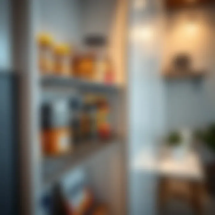 Metal Shelf Organization Close-up of a metal shelf in a modern cabinet showcasing organization and space efficiency