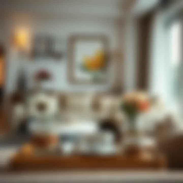 Modern Living Room with Flower-Themed Cup Sets Modern living room adorned with flower-themed cup sets
