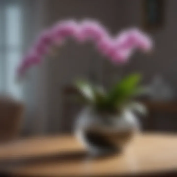 A beautifully arranged glass pot with an orchid on a wooden table