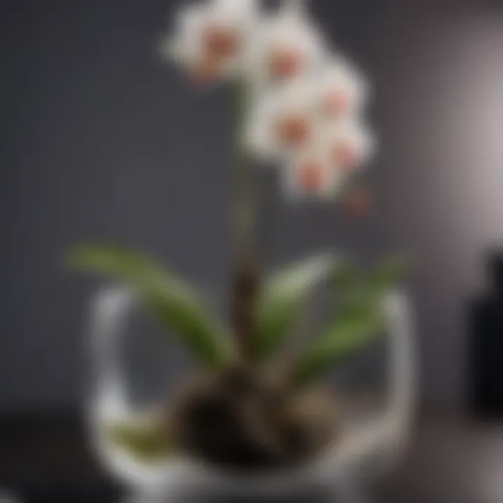 Close-up of orchid roots visible through a transparent glass pot