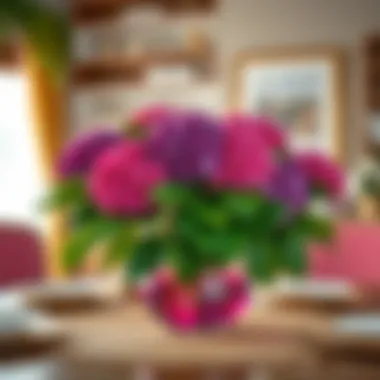 Vibrant Table Centerpiece with Hydrangeas A beautiful table centerpiece featuring vibrant artificial hydrangeas