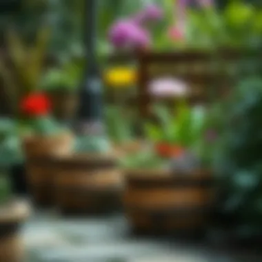 Nature's Touch: Outdoor Wooden Flower Pots Outdoor wooden flower pots in a lush garden