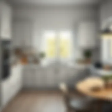 Bright and airy kitchen with open gray cabinets