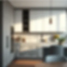 Elegant open gray kitchen cabinet showcasing modern design