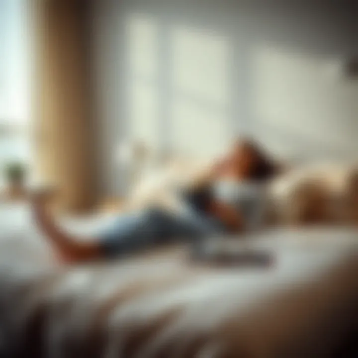 Relaxing on a Padded Bed with a Book A person relaxing on a padded bed with a book and a cup of tea