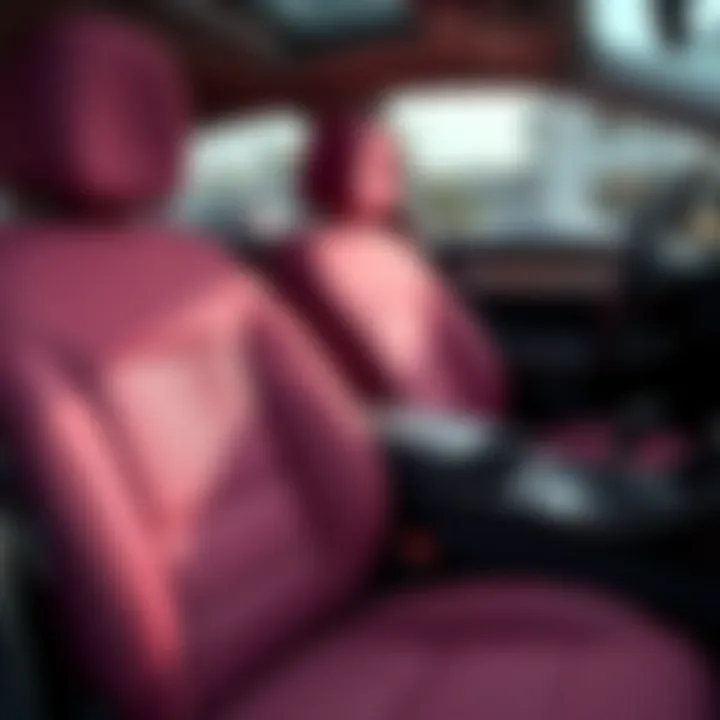Close-up of material options for pink car seat cover