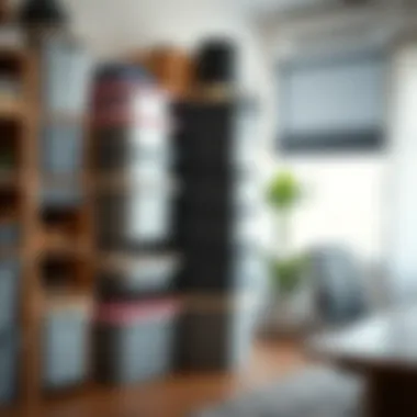 Organized Plastic Storage in a Home Office Functional plastic storage baskets neatly organized in a home office