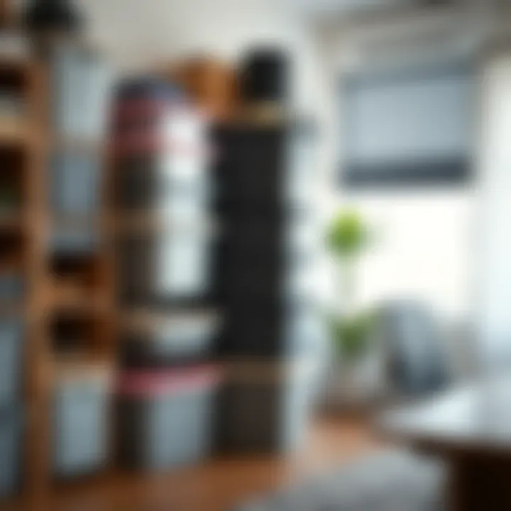 Organized Plastic Storage in a Home Office Functional plastic storage baskets neatly organized in a home office