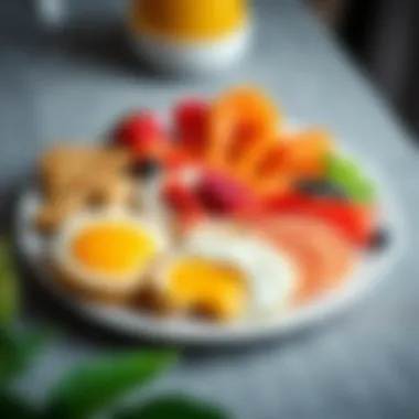 Vibrant Breakfast Spread on Porcelain Plate Porcelain breakfast plate showcasing a vibrant and colorful breakfast spread