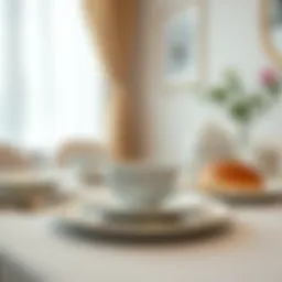 Elegant porcelain breakfast plate set elegantly arranged on a dining table