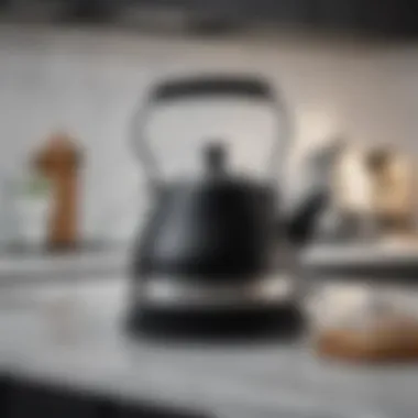 Traditional black and white tea kettle in a modern kitchen