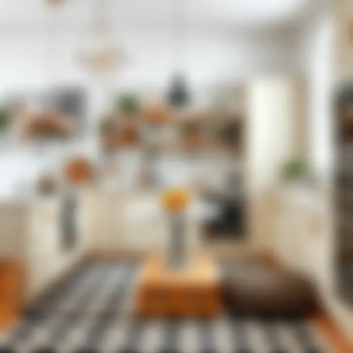 Charming Kitchen with Black and White Patterned Rug Charming kitchen atmosphere created with a black and white patterned rug