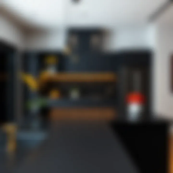 Dynamic Integration of Black Countertops in Modern Design Contemporary kitchen layout featuring a black countertop and vibrant decor