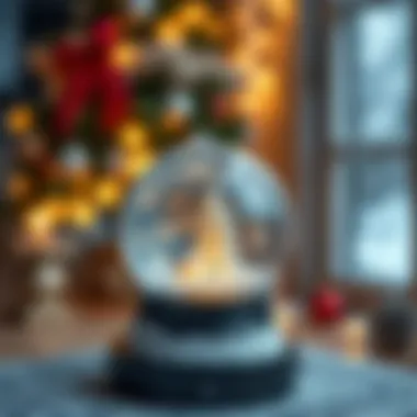 A close-up of a snow globe capturing the magic of Christmas with shimmering flakes