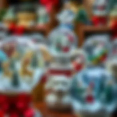 An artistic arrangement of various holiday-themed snow globes displaying intricate designs