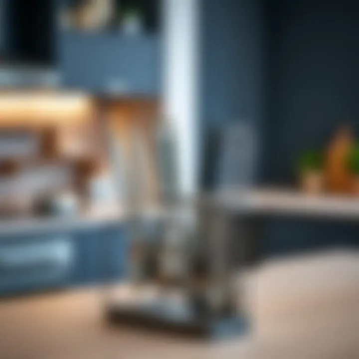 Modern Kitchen Utensil Display A sleek countertop metal rack showcasing various kitchen utensils.