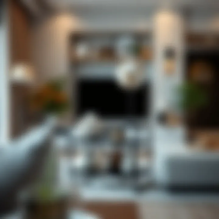 Chic Living Room Arrangement Stylish metal rack holding decorative items in a contemporary living space.