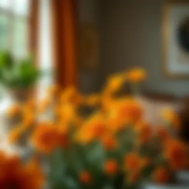 Orange flowers in a decorative indoor arrangement adding warmth to the ambiance