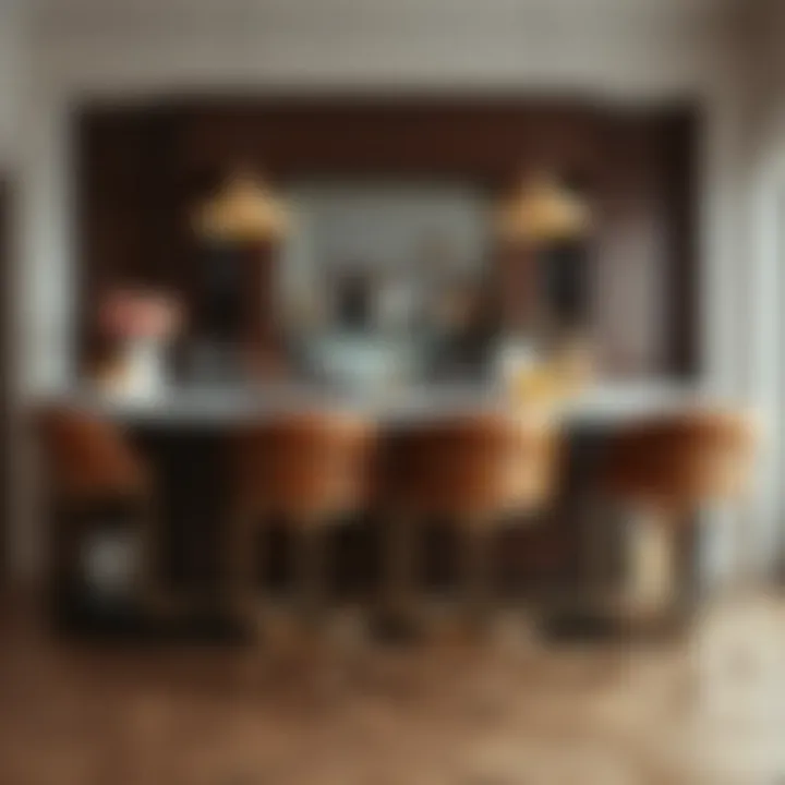 Chic Home Bar with Wheeled Stools Wheeled bar stools arranged around a chic home bar