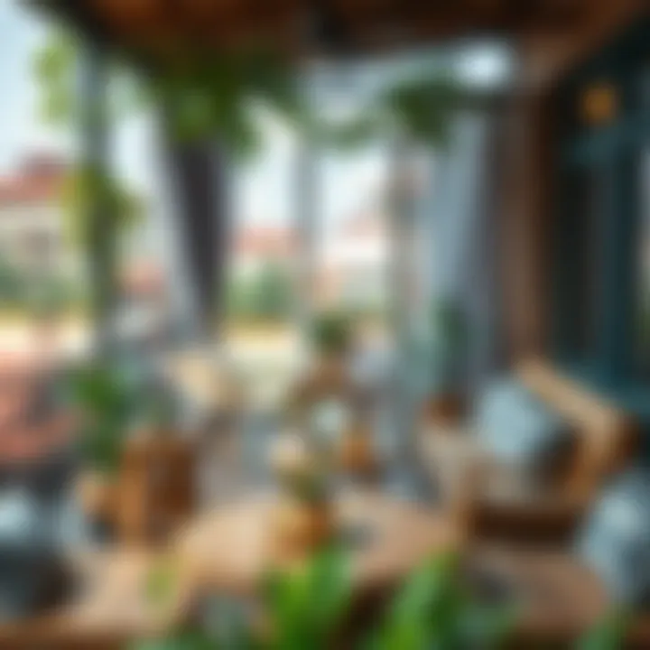 Cozy Ambiance with Wooden Furniture Cozy balcony setup with wooden furniture and plants