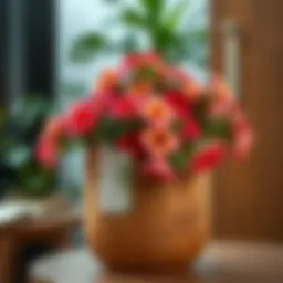 Elegant wooden flower pot with vibrant flowers