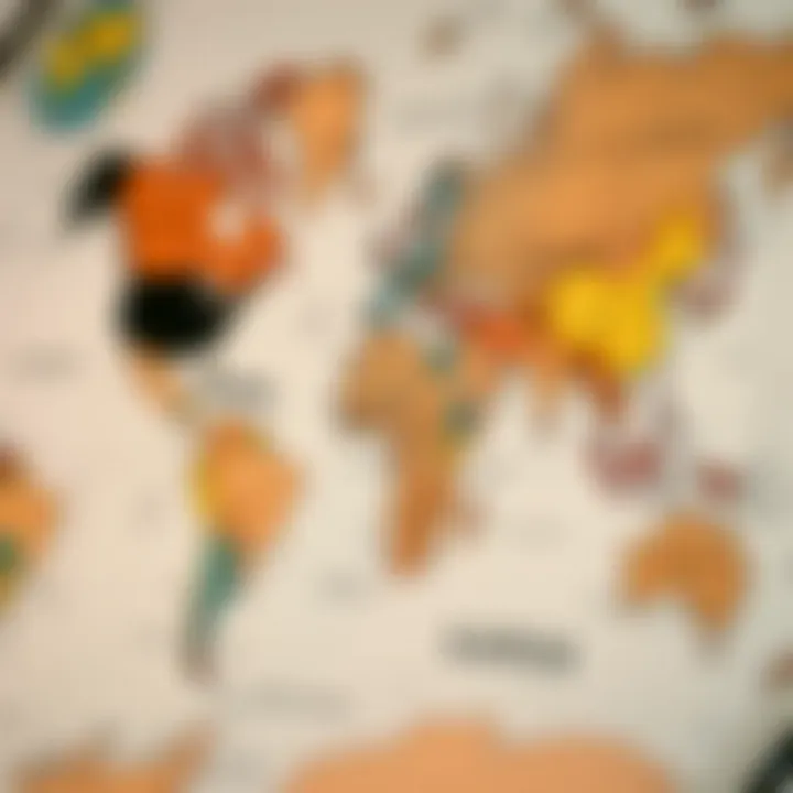 Intricate World Map Details Detailed close-up of a world map with various countries highlighted