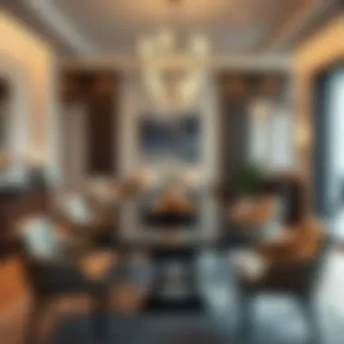 Elegant dining room with modern furniture and warm lighting